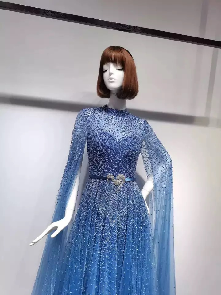Blue Cape Sleeved Beaded Evening Gown Dress - Evening Dresses, Made To ...