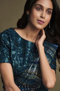 Alternative view of Teal Satin Silk Pre Pleated Designer Saree