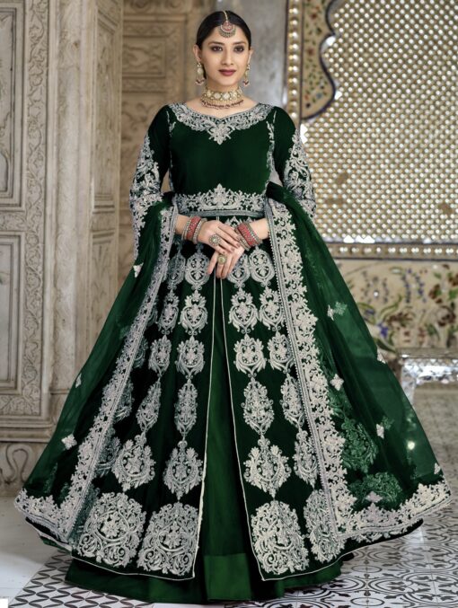Green Velvet Front Slit Bridal Anarkali Style Lehenga