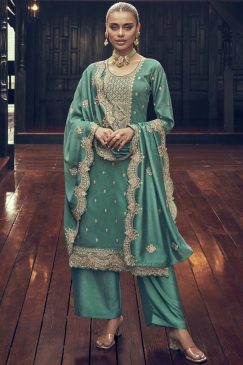 Turquoise Embroidered Textured Silk Palazzo Suit