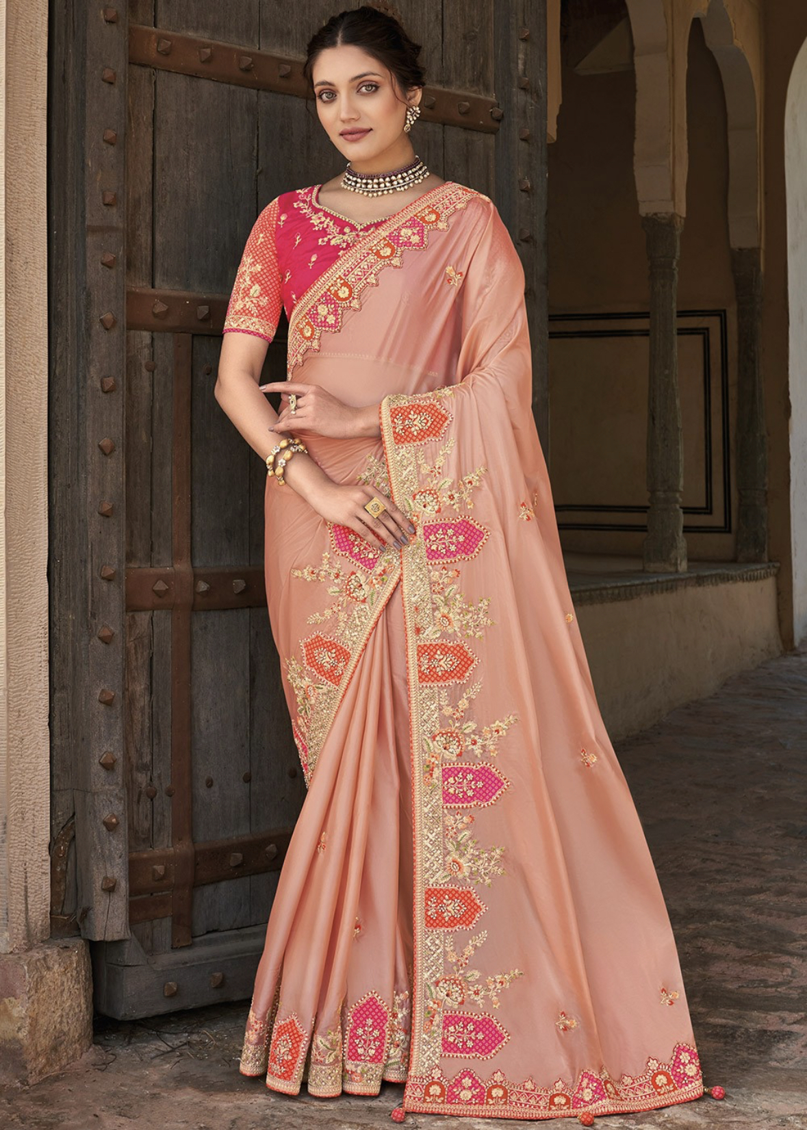 Peach Silk Wedding Party Wear Saree Sarees Designer Collection