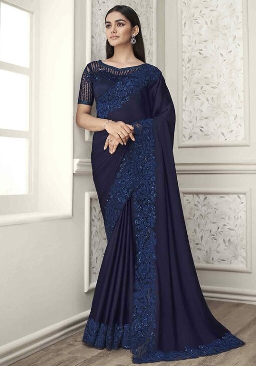 Navy Blue Soft Satin Silk Party Wear Saree