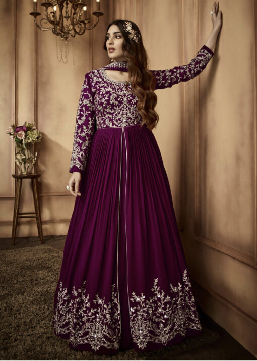 Wine Front Slit Lehenga Style Anarkali Suit