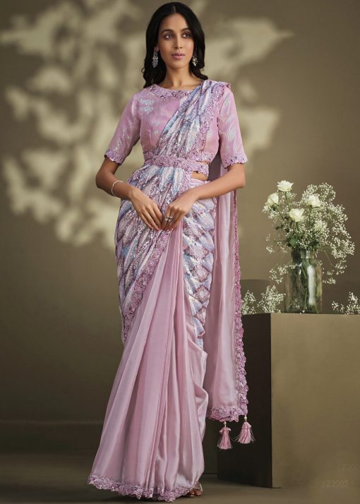 Pink Crepe Satin Silk Pre Pleated Designer Saree
