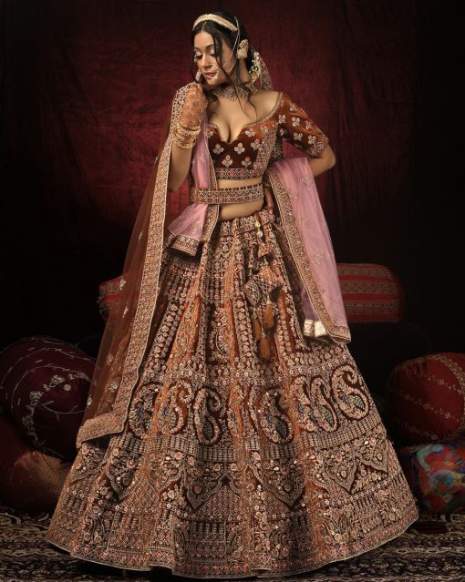 Coffee Zari Embroidered Bridal Lehenga Choli