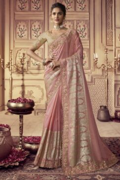 Light Pink Fancy Silk Wedding Party Wear Saree
