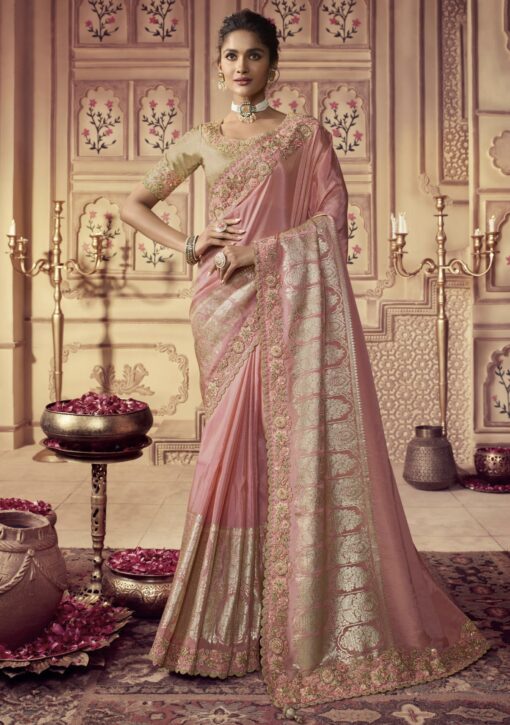 Light Pink Fancy Silk Wedding Party Wear Saree
