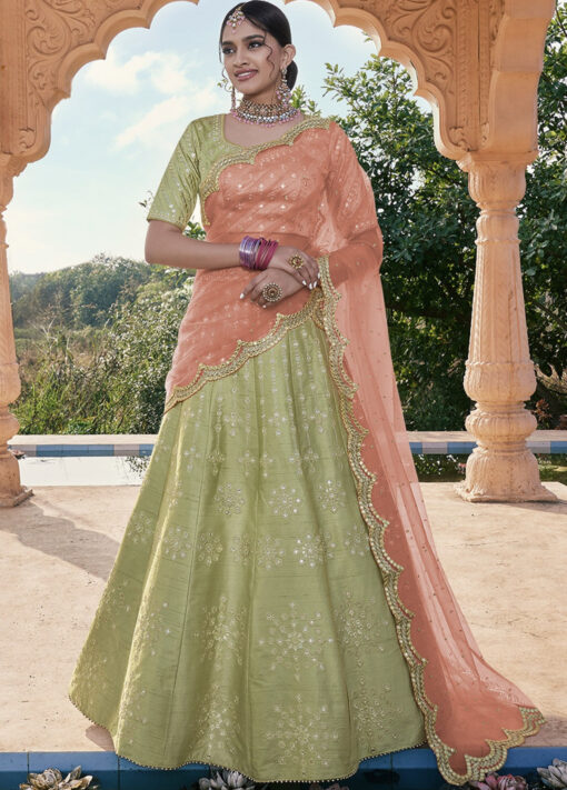 Pista Green Mirror Embelished Lehenga Choli