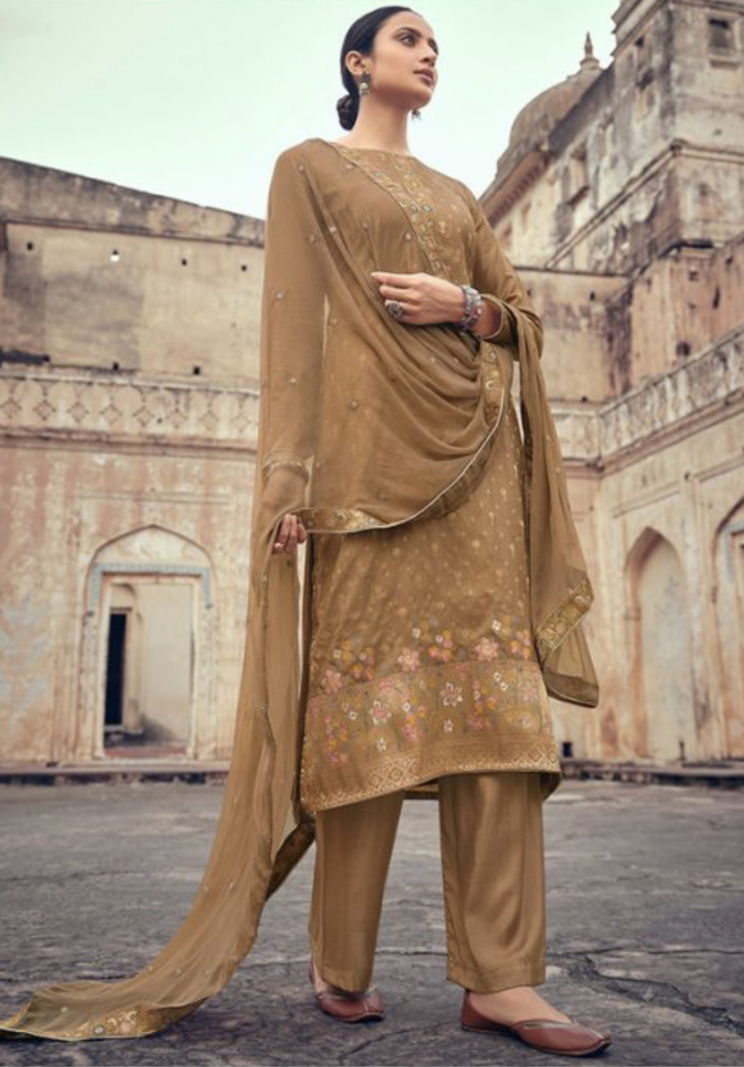 Brown Jacquard Silk Embroidered Pant Suit Salwar Kameez Designer