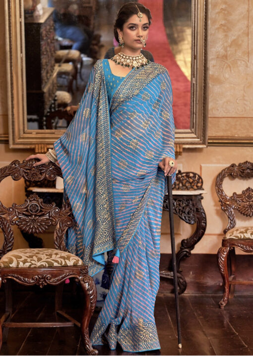 Blue Bandhej Style Georgette Saree