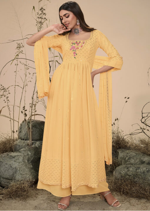 Yellow Anarkali Style Embroidered Palazzo Suit