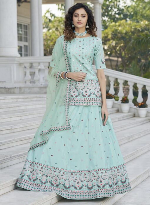 Sky Blue Chiffon Long Choli Lehenga Suit