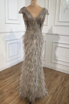 Feathered Plunge Neck Evening Dress