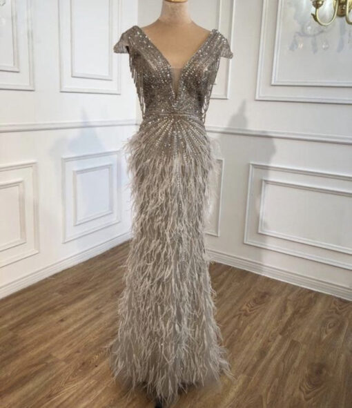 Feathered Plunge Neck Evening Dress