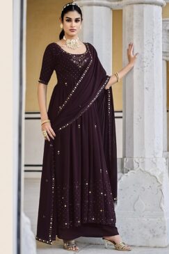 Dark Purple Embroidered Palazzo Style Anarkali Suit