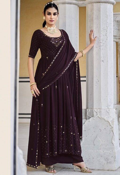 Dark Purple Embroidered Palazzo Style Anarkali Suit