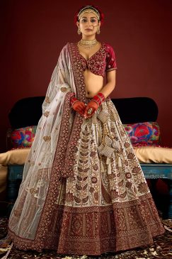 Royal White Velvet Embroidered Bridal Lehenga Choli