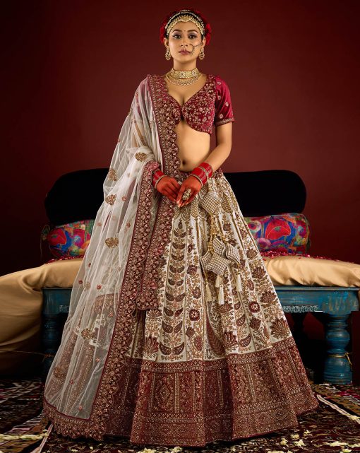 Royal White Velvet Embroidered Bridal Lehenga Choli