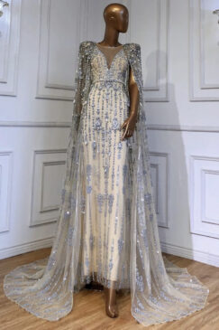 Cape Sleeves Heavily Beaded Train Evening Dress