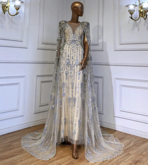 Cape Sleeves Heavily Beaded Train Evening Dress