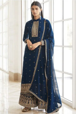 Navy Blue Georgette Embroidered Palazzo Suit
