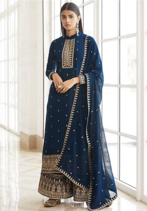 Navy Blue Georgette Embroidered Palazzo Suit