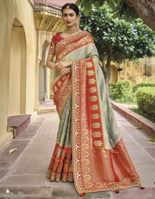 Grey & Red Dola Silk Embroidered Wedding Saree