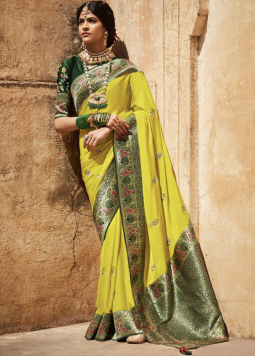 Lime Green Silk Embroidered Saree
