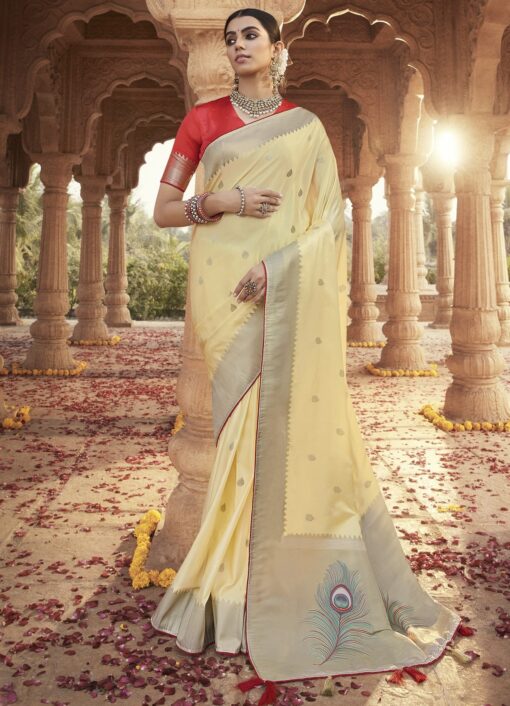 Cream Traditional Soft Satin Silk Saree