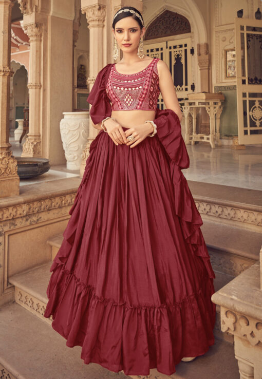 Maroon Chinon Silk Ruffled Lehenga Choli