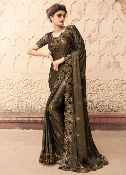 Brown Heavy Appliqué Work Bridal Saree