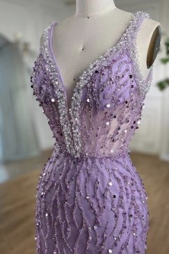 Alternative view of Luxury Feathered Plunge Neck Embellished Evening Dress
