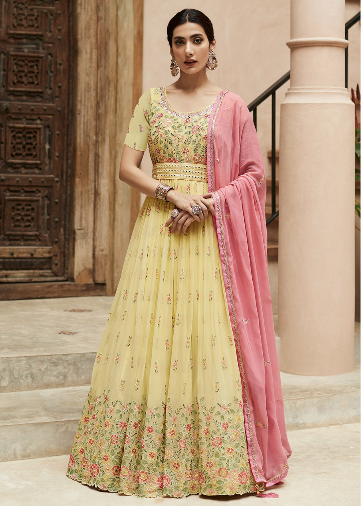 Heavy Embroidery Anarkali For Women's In Pink Color Heavy Net With+ Stone  Work
