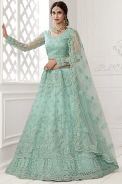 Mint Blue Embroidered Net Bridal Lehenga Choli