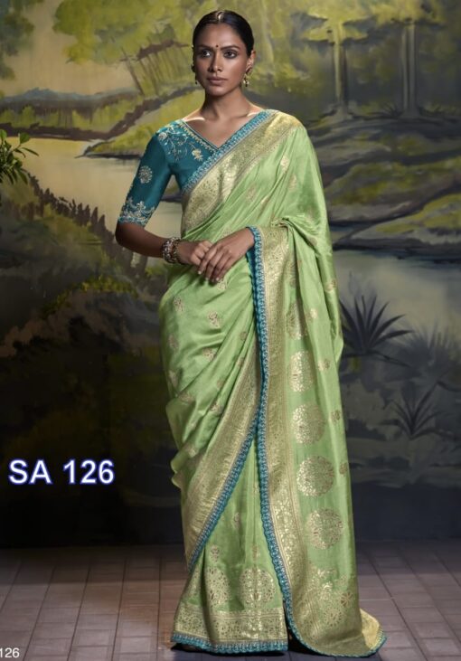 Light Green Dola Silk Embroidered Wedding Saree