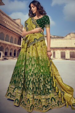 Green And Yellow Silk Embroidered Bridal Lehenga Choli