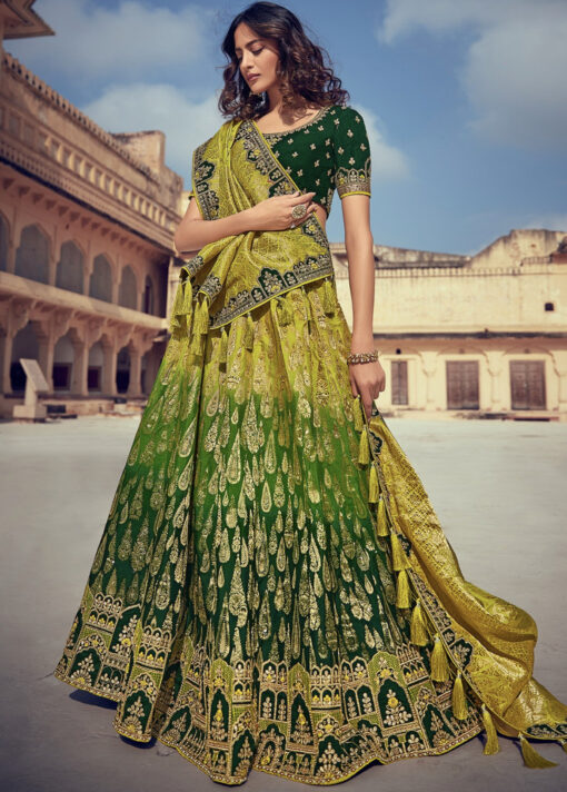 Green And Yellow Silk Embroidered Bridal Lehenga Choli