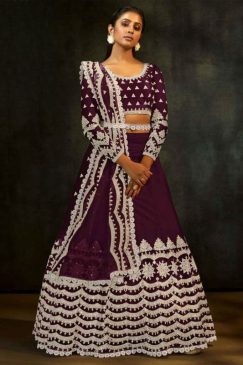 Wine Embroidered Sangeet Lehenga Choli