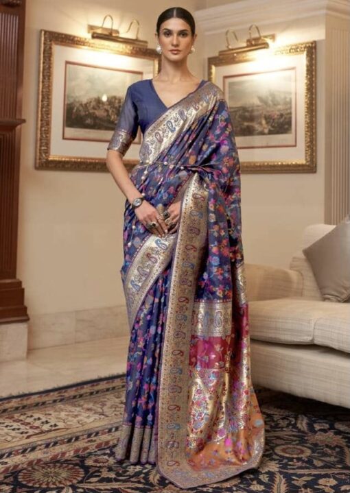 Dark Blue Kashmiri Modal Silk Traditional Saree