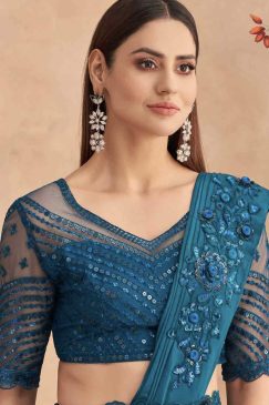 Alternative view of Teal Blue Lehenga Style Saree With Belt