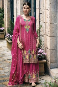 Pink Chinon Embroidered Palazzo Suit