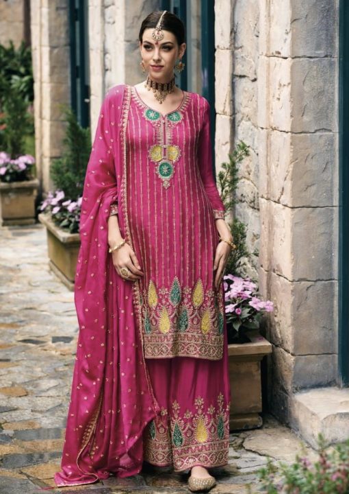 Pink Chinon Embroidered Palazzo Suit