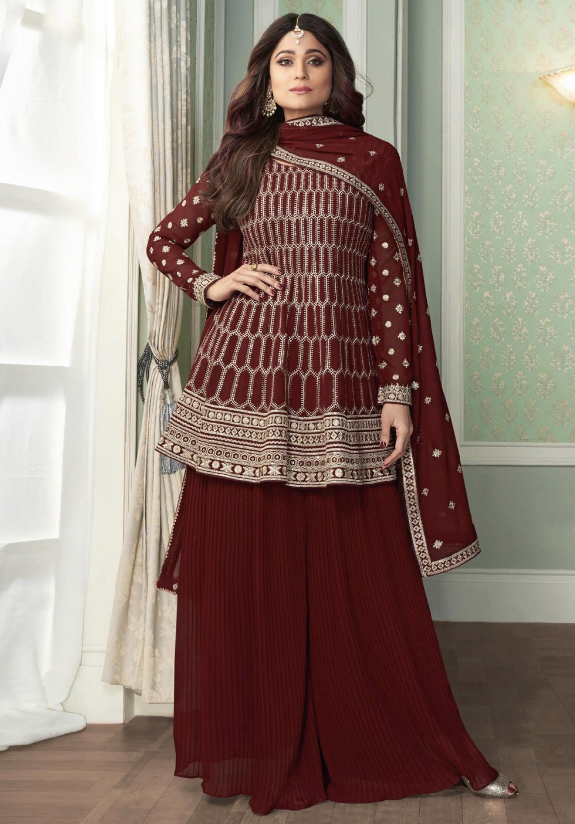 Maroon Embroidered Peplum Style Sharara 