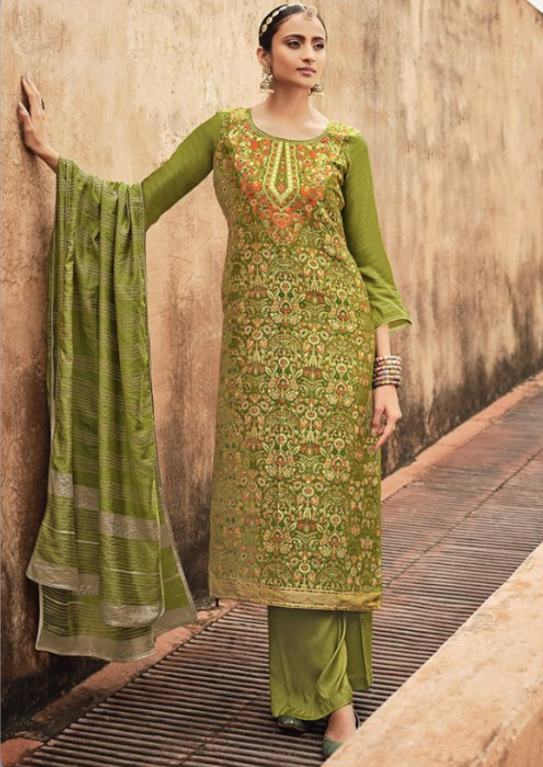 Lime Green Jacquard Silk Embroidered Pant Suit Salwar Kameez Designer