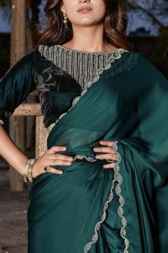 Alternative view of Green Satin Silk Chiffon Party Wear Saree