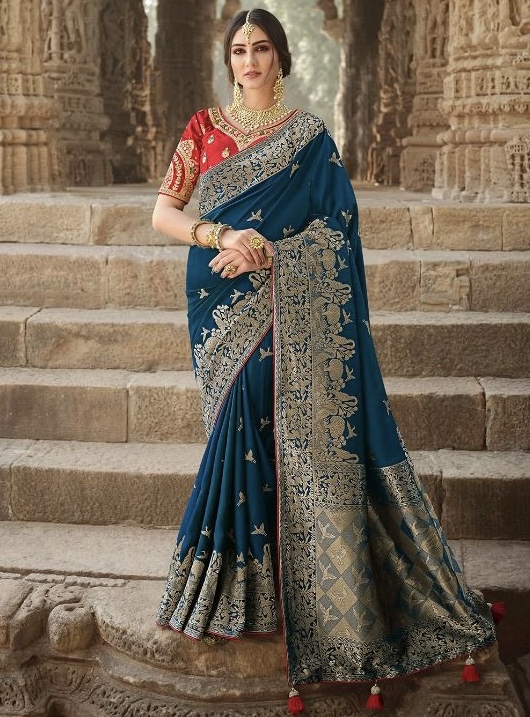 Dark Blue Dola Silk Embroidered Wedding Saree Sarees Designer