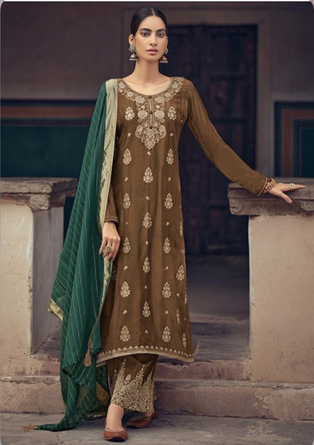 Brown Jacquard Silk Embroidered Pant Suit Salwar Kameez Designer