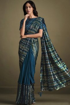 Teal Satin Silk Pre Pleated Designer Saree