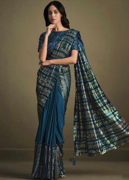 Teal Satin Silk Pre Pleated Designer Saree