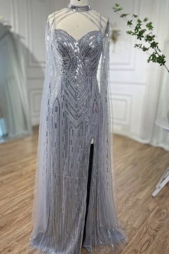 Silver Cape Sleeve Sequinned Mermaid Evening Dress